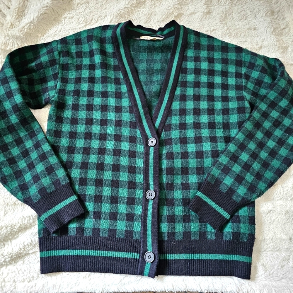 Marled checkered green black colorblock sweater xs